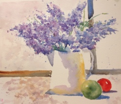 Lilacs and fruit Watercolor $200 12x15